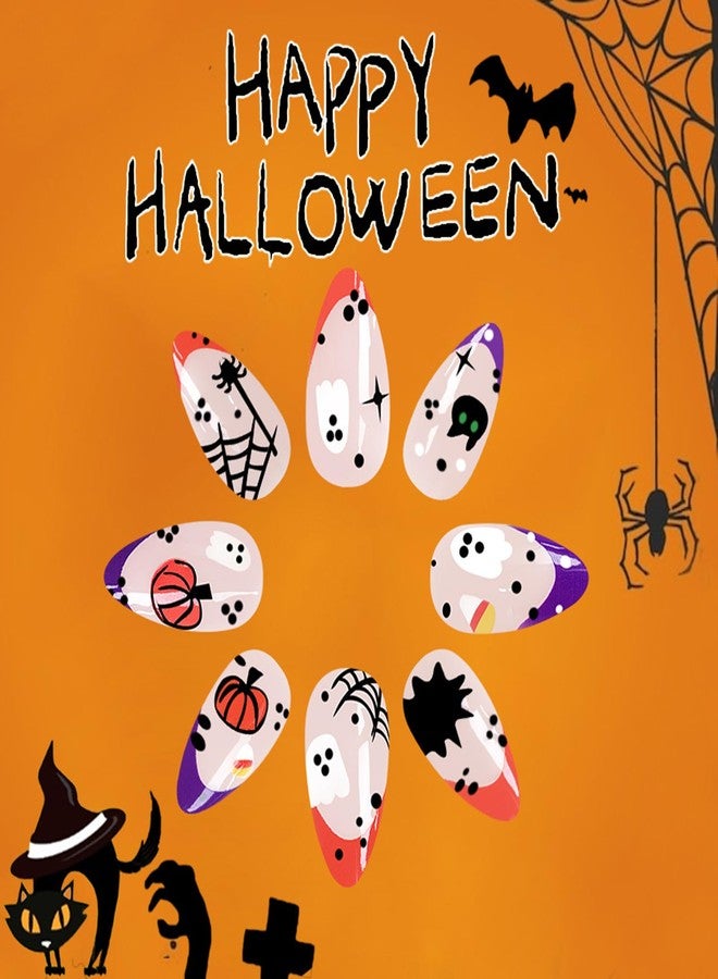 UCCASA Halloween Almond Press on Nails French Tip Fake Nails Short Almond Acrylic Full Cover False Nails Glossy Pumpkin Ghost Glue on Nails Orange Purple Nail Tips Stick on Nails Artificial Nails for Women - Image 3